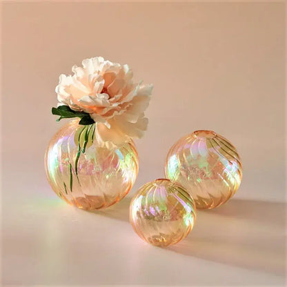 Iridescent peach ribbed glass ball vases living room decor
