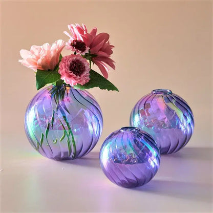 Iridescent peach ribbed glass ball vases living room decor