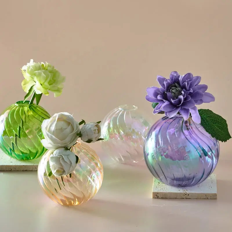 Iridescent peach ribbed glass ball vases living room decor