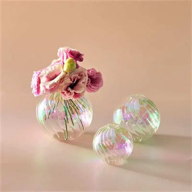 Iridescent peach ribbed glass ball vases living room decor