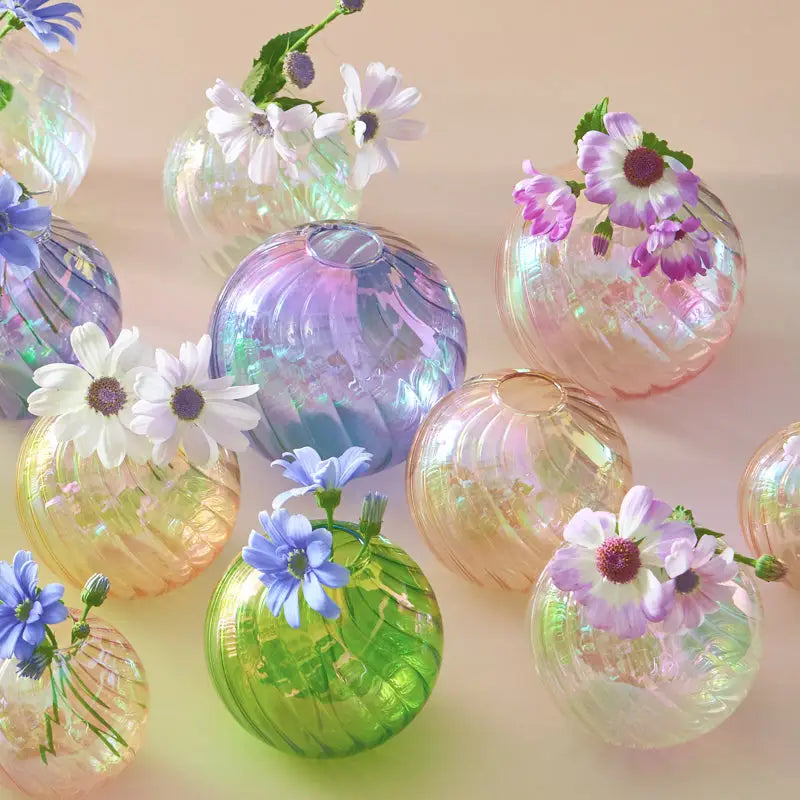 Iridescent peach ribbed glass ball vases living room decor