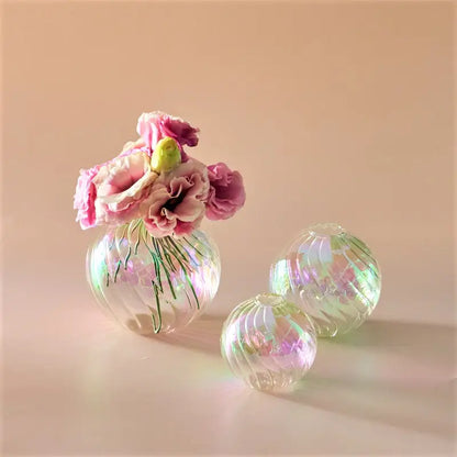 Iridescent peach ribbed glass ball vases living room decor