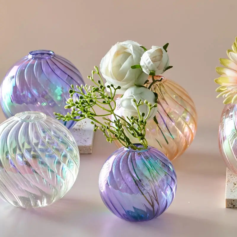 Iridescent peach ribbed glass ball vases living room decor