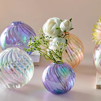Iridescent peach ribbed glass ball vases living room decor