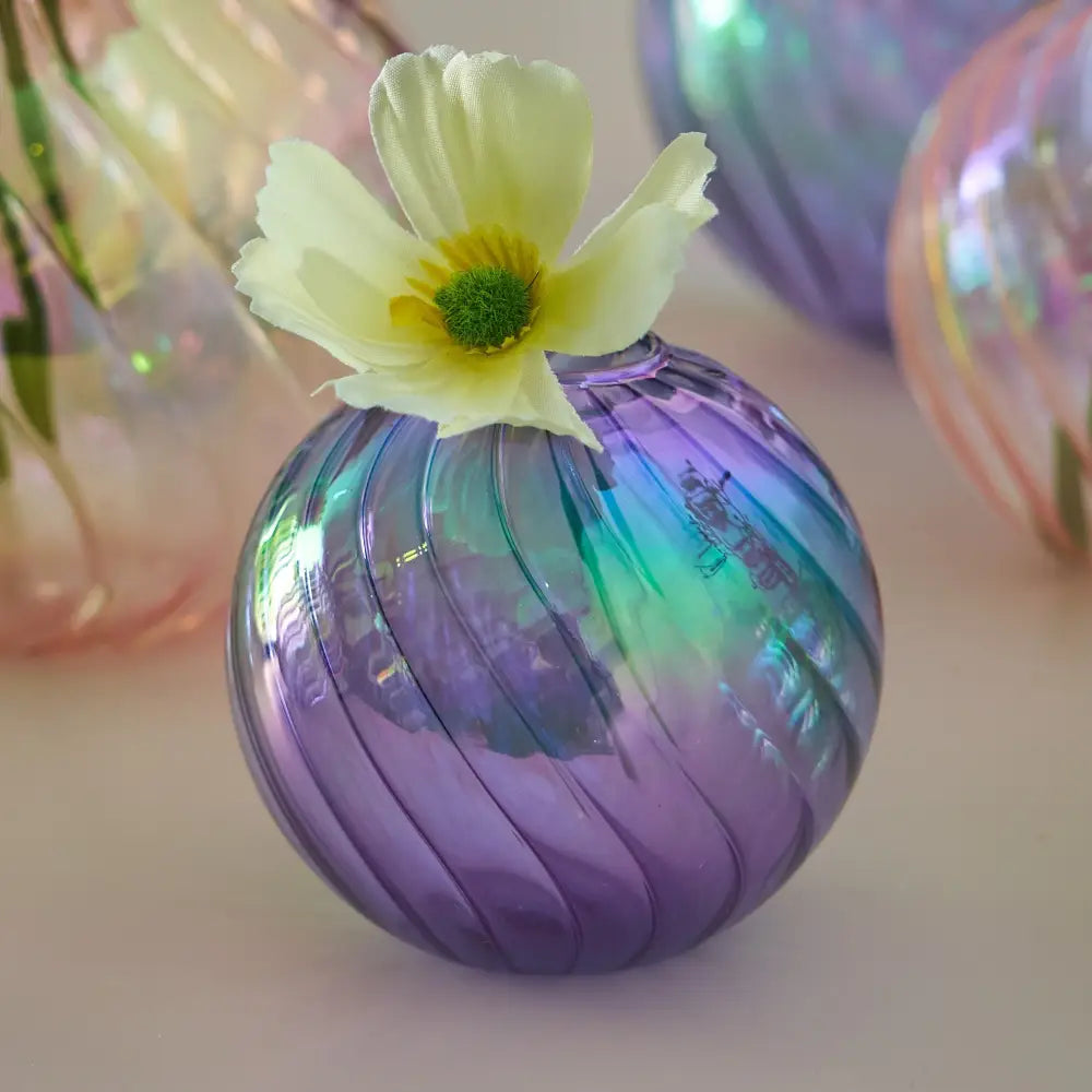 Iridescent peach ribbed glass ball vases living room decor