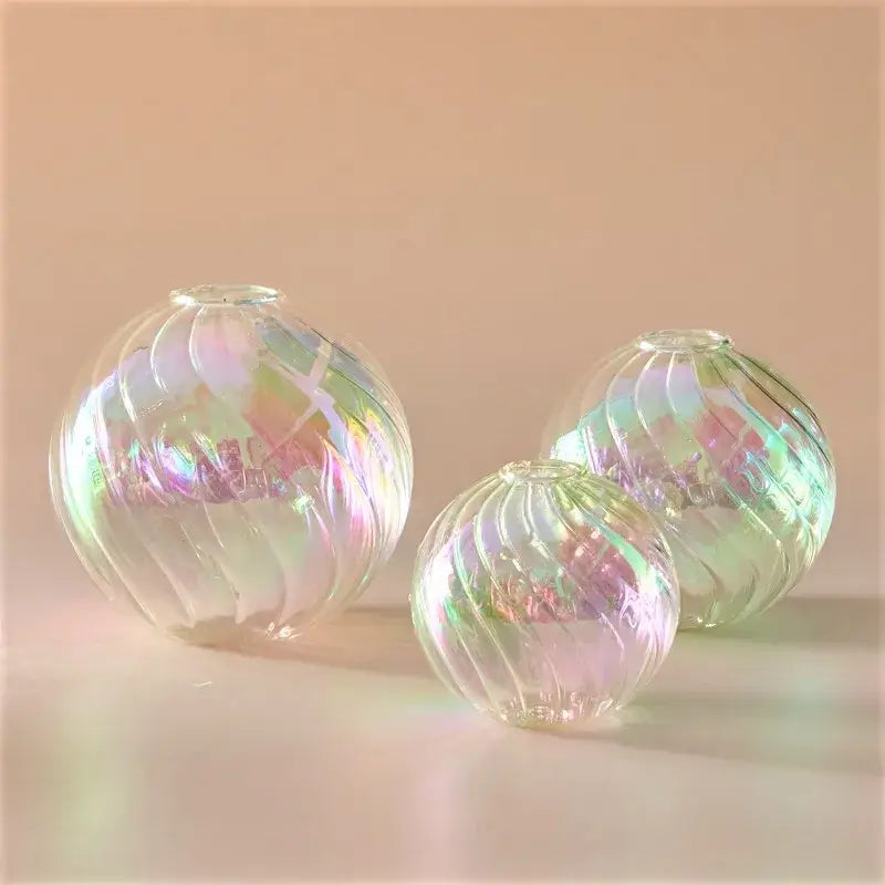 Iridescent peach ribbed glass ball vases living room decor