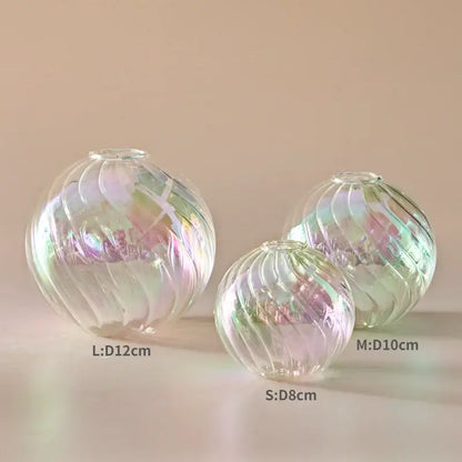 Iridescent peach ribbed glass ball vases living room decor