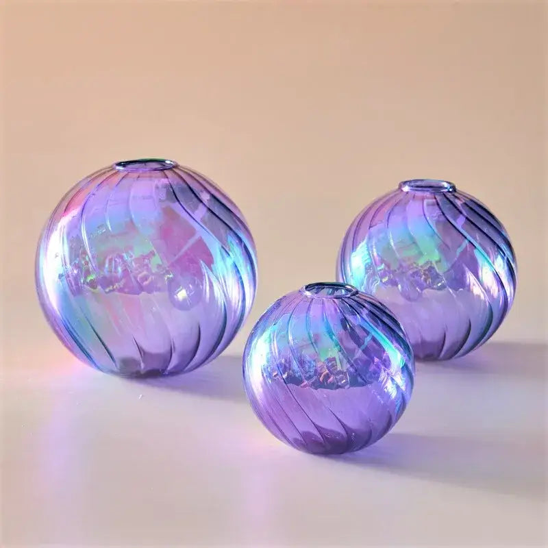 Iridescent peach ribbed glass ball vases living room decor