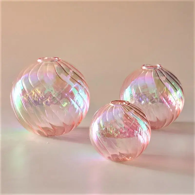 Iridescent peach ribbed glass ball vases living room decor