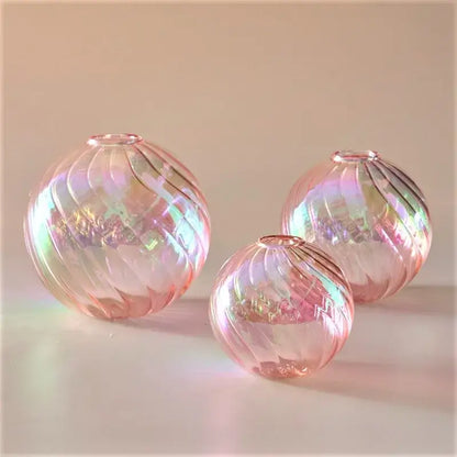 Iridescent peach ribbed glass ball vases living room decor
