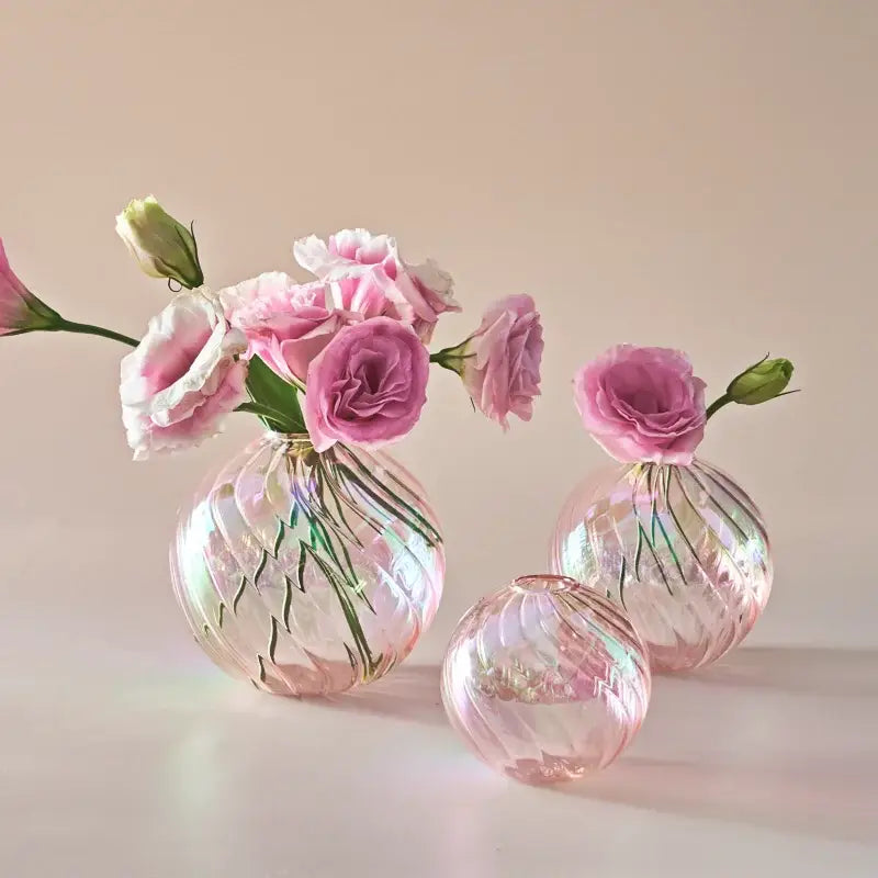 Iridescent peach ribbed glass ball vases living room decor