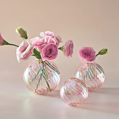 Iridescent peach ribbed glass ball vases living room decor
