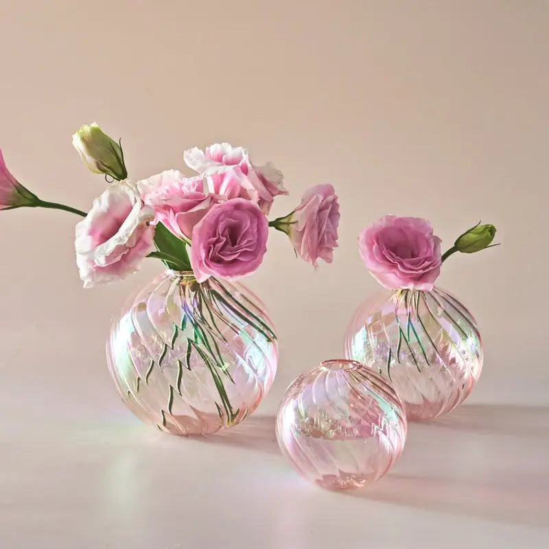 Iridescent peach ribbed glass ball vases living room decor