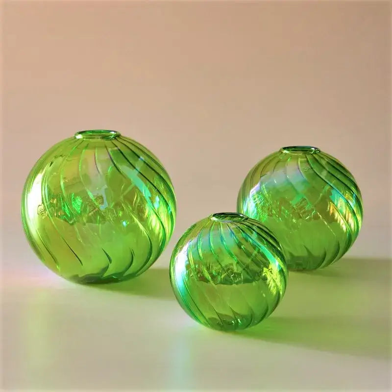 Iridescent peach ribbed glass ball vases living room decor