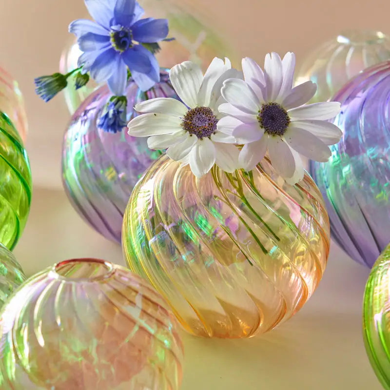 Iridescent peach ribbed glass ball vases living room decor