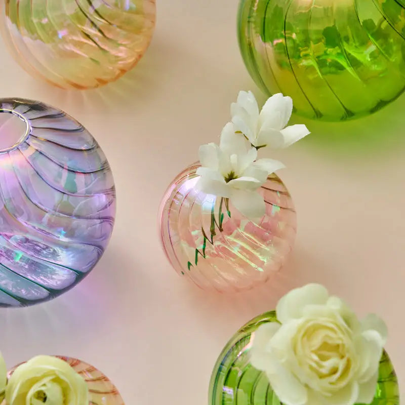 Iridescent peach ribbed glass ball vases living room decor