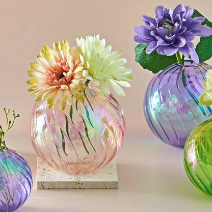 Iridescent peach ribbed glass ball vases living room decor
