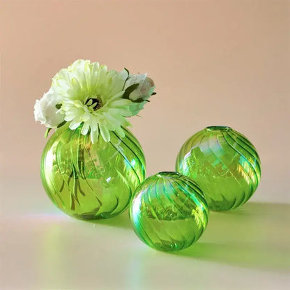 Iridescent peach ribbed glass ball vases living room decor