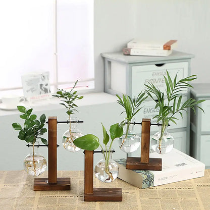 Modern five piece glass bulb vase with wooden stand living room decor