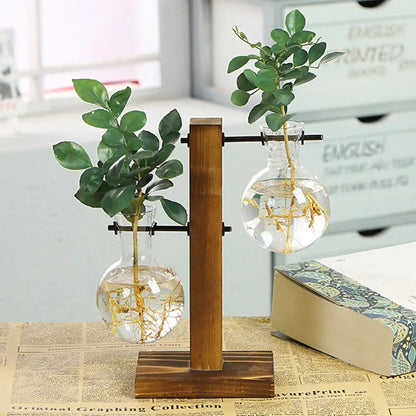 Modern five piece glass bulb vase with wooden stand living room decor