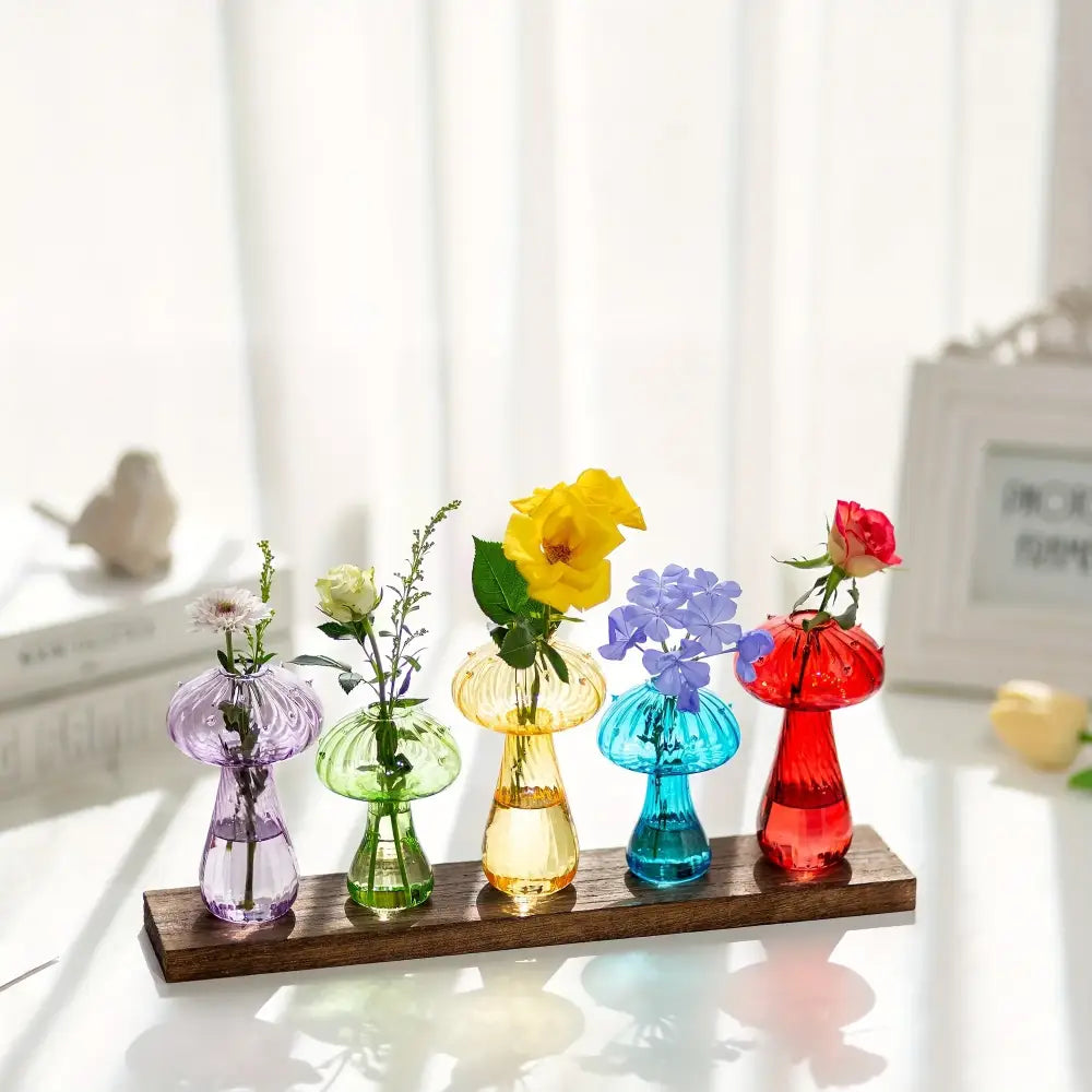 Colorful glass mushroom hydroponic planter set for garden and home