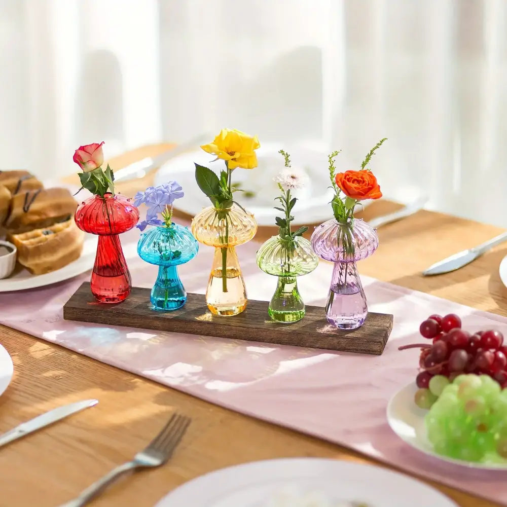 Colorful glass mushroom hydroponic planter set for garden and home