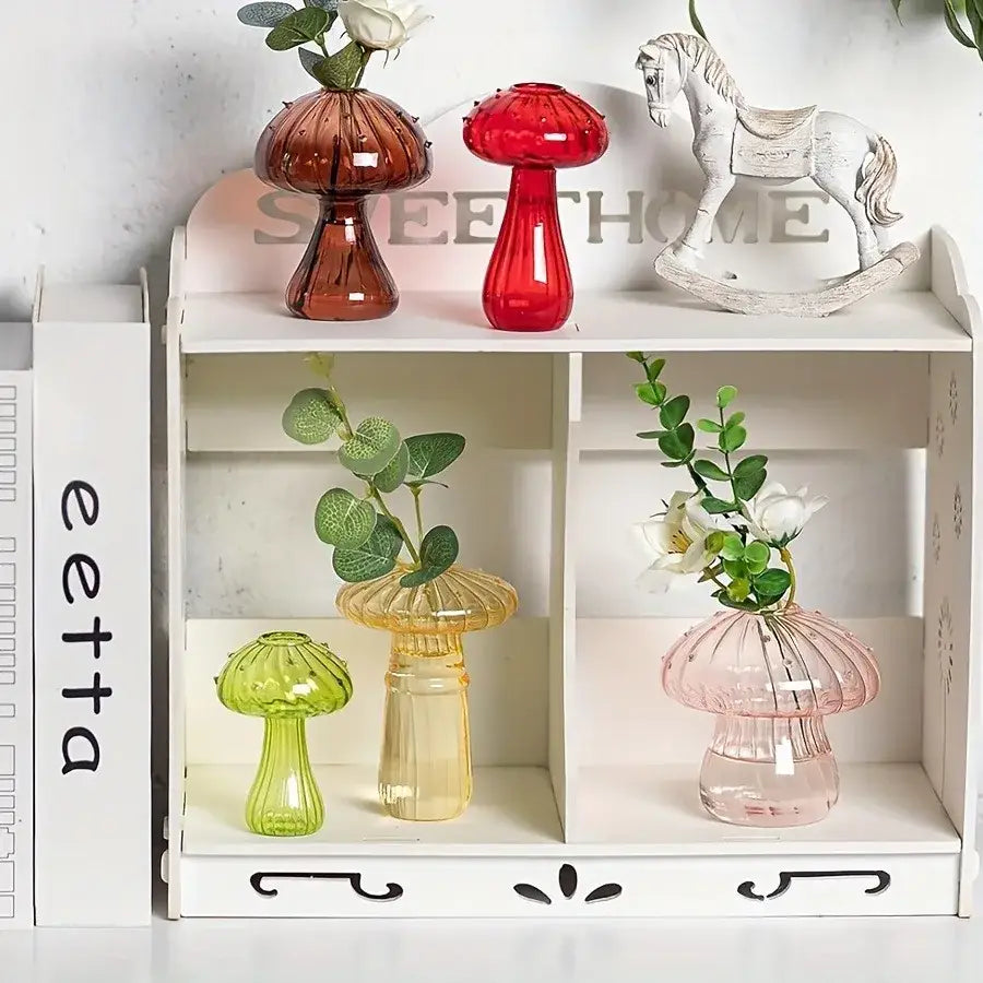 Colorful glass mushroom hydroponic planter set for garden and home