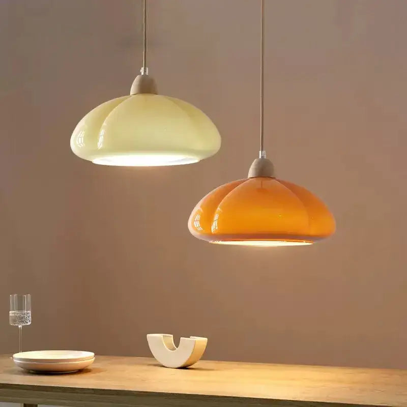 Off white & amber segmented glass pendant lamps dining room