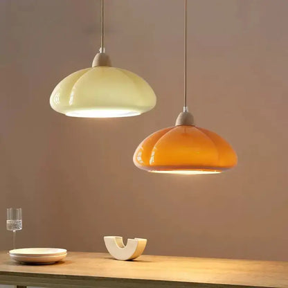Off white & amber segmented glass pendant lamps dining room