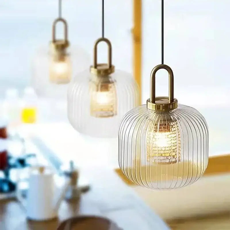 glass stripe brass pendant light for dining room
