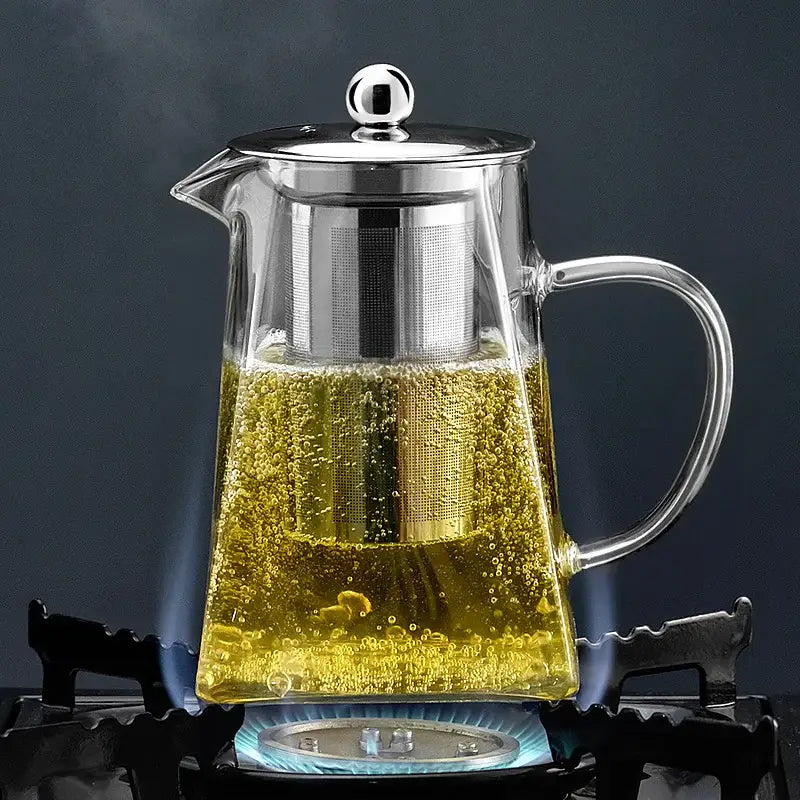 Modern clear glass tea pot with stainless steel filter kitchen set