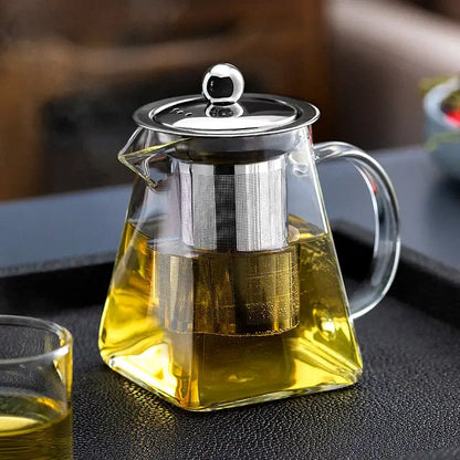 Modern clear glass tea pot with stainless steel filter kitchen set