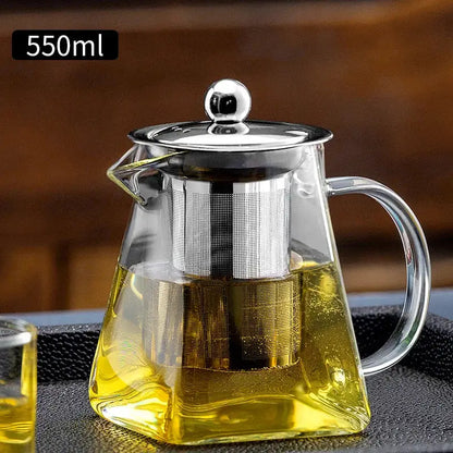 Modern clear glass tea pot with stainless steel filter kitchen set