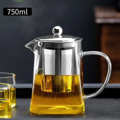 Modern clear glass tea pot with stainless steel filter kitchen set