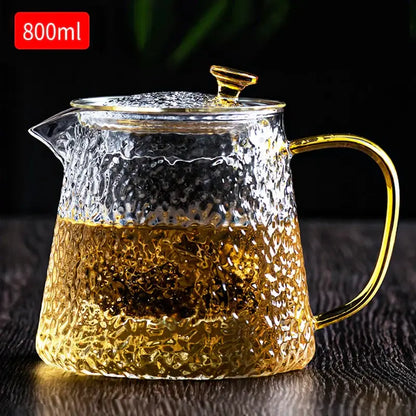 Hammered glass tea pot set with gold handle for dining room kitchen