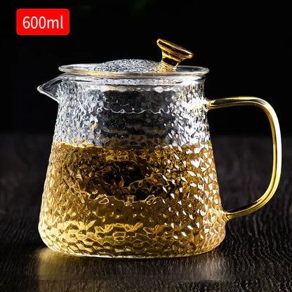 Hammered glass tea pot set with gold handle for dining room kitchen