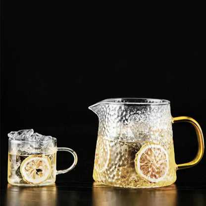 Hammered glass tea pot set with gold handle for dining room kitchen