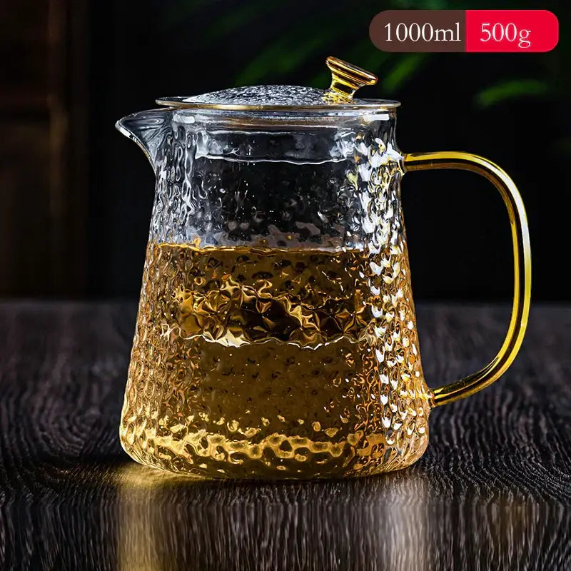 Hammered glass tea pot set with gold handle for dining room kitchen