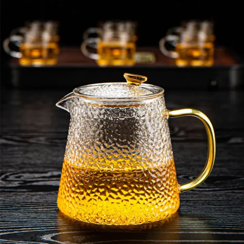 Hammered glass tea pot set with gold handle for dining room kitchen