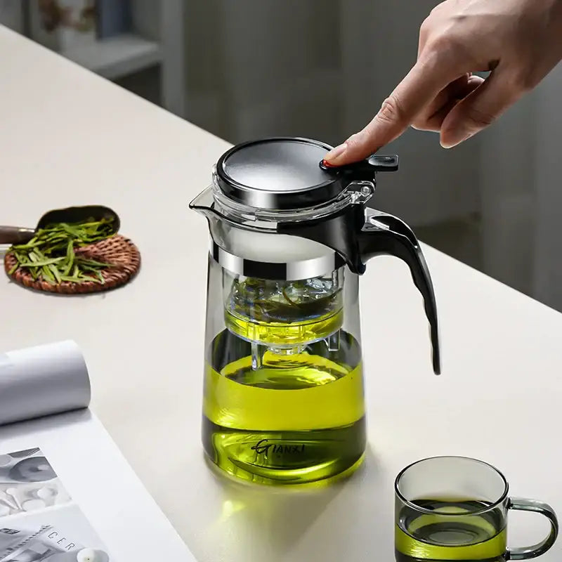 Modern glass tea pot with infuser – kitchen black & silver set