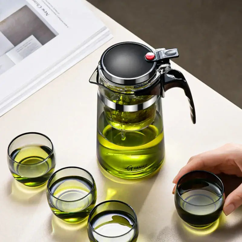 Modern glass tea pot with infuser – kitchen black & silver set