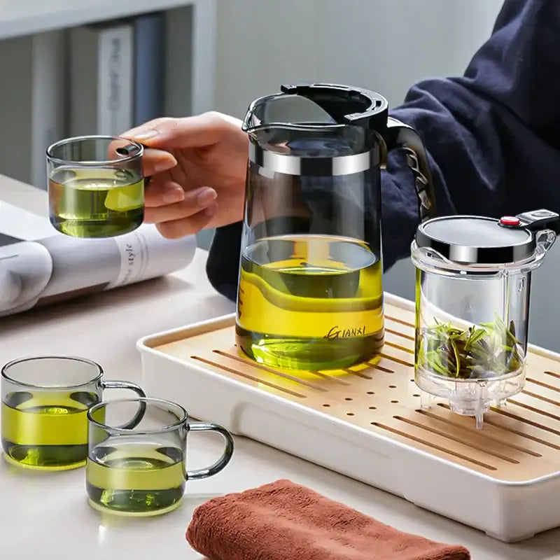 Modern glass tea pot with infuser – kitchen black & silver set