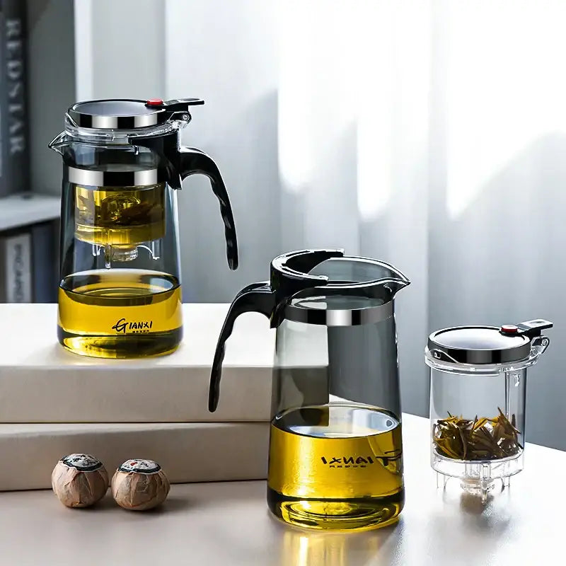 Modern glass tea pot with infuser – kitchen black & silver set
