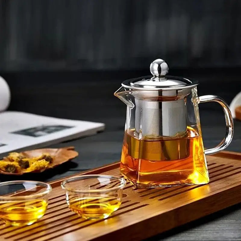 Modern clear glass tea pot with stainless steel infuser kitchen decor
