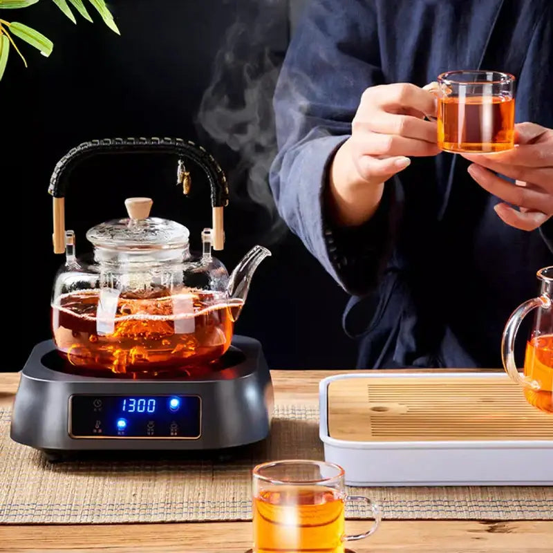 Modern glass tea pot with weave handle – kitchen steaming kettle