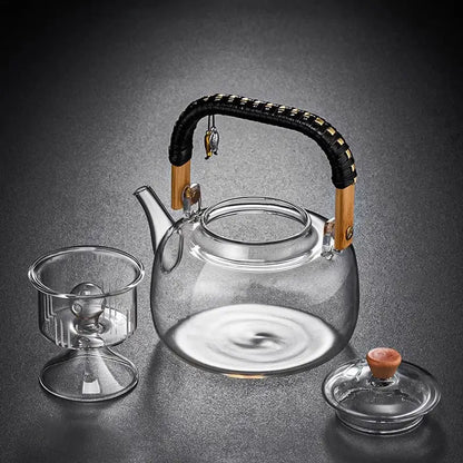 Modern glass tea pot with weave handle – kitchen steaming kettle
