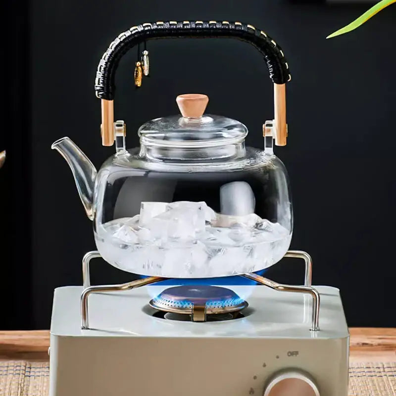 Modern glass tea pot with weave handle – kitchen steaming kettle