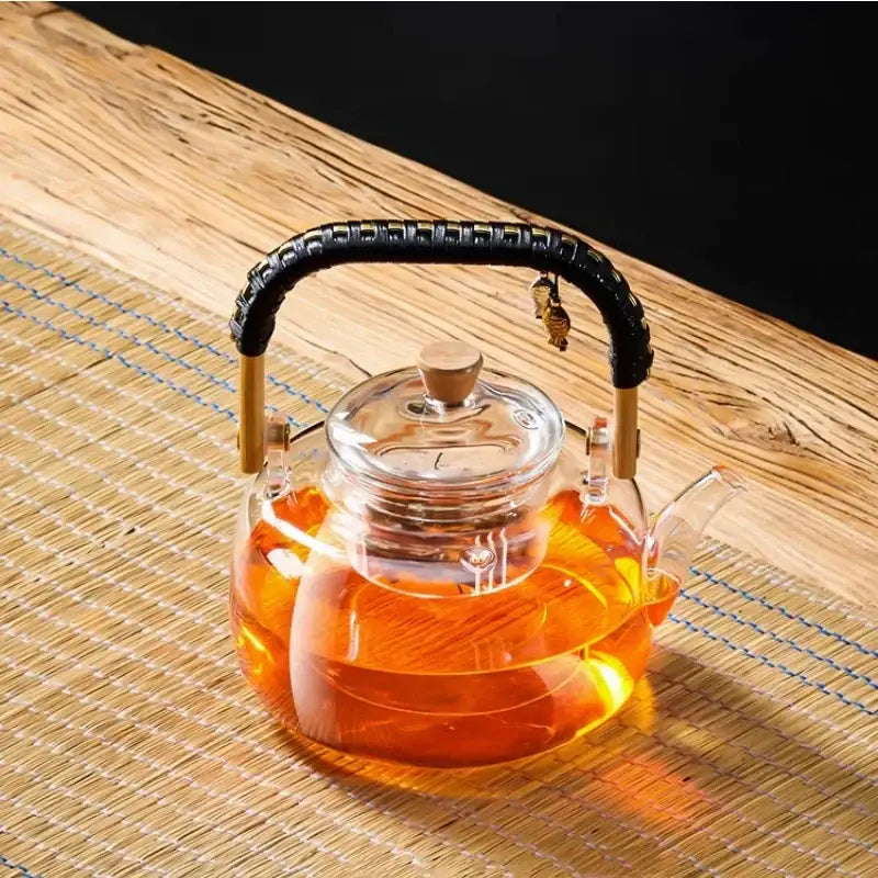 Modern glass tea pot with weave handle – kitchen steaming kettle