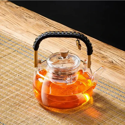 Modern glass tea pot with weave handle – kitchen steaming kettle