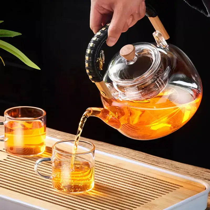 Modern glass tea pot with weave handle – kitchen steaming kettle